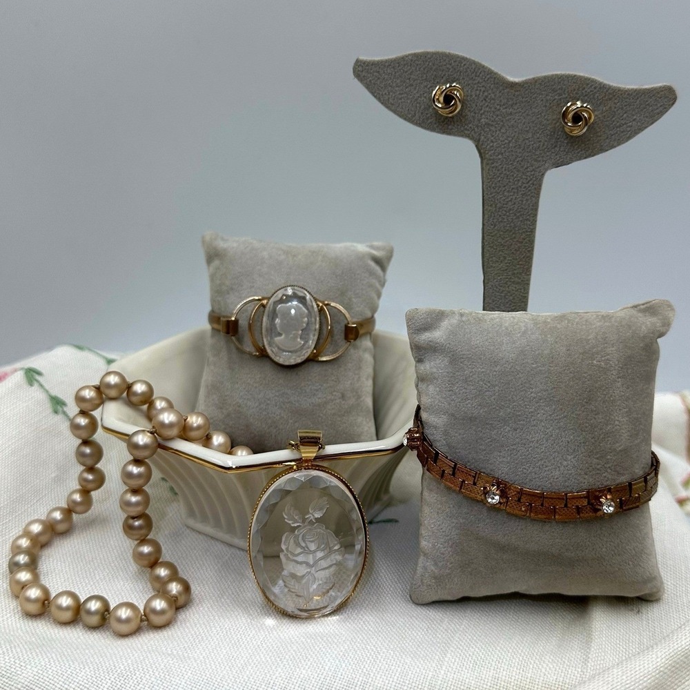Vintage Jewelry Lot Lenox Bowl Pearl Necklace Cameo Bracelet Intaglio Pendant